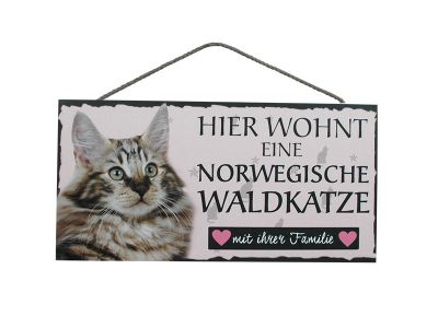 Holzschild - Hier wohnt eine Norwegische Waldkatze - 25 x 12,5 cm