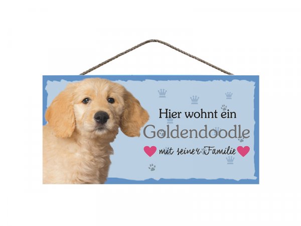 Holzschild - Hier wohnt ein Goldendoodle mit seiner Familie - 25 x 12,5 cm