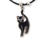 Wachskordelhalskette - schwarze Katze aus Metall