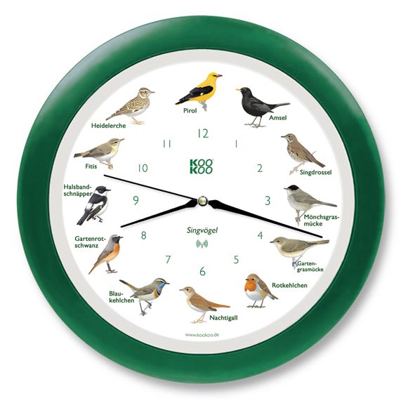 KooKoo Wanduhr - Singvögel mit RC Funkquarzwerk - 34cm, grün